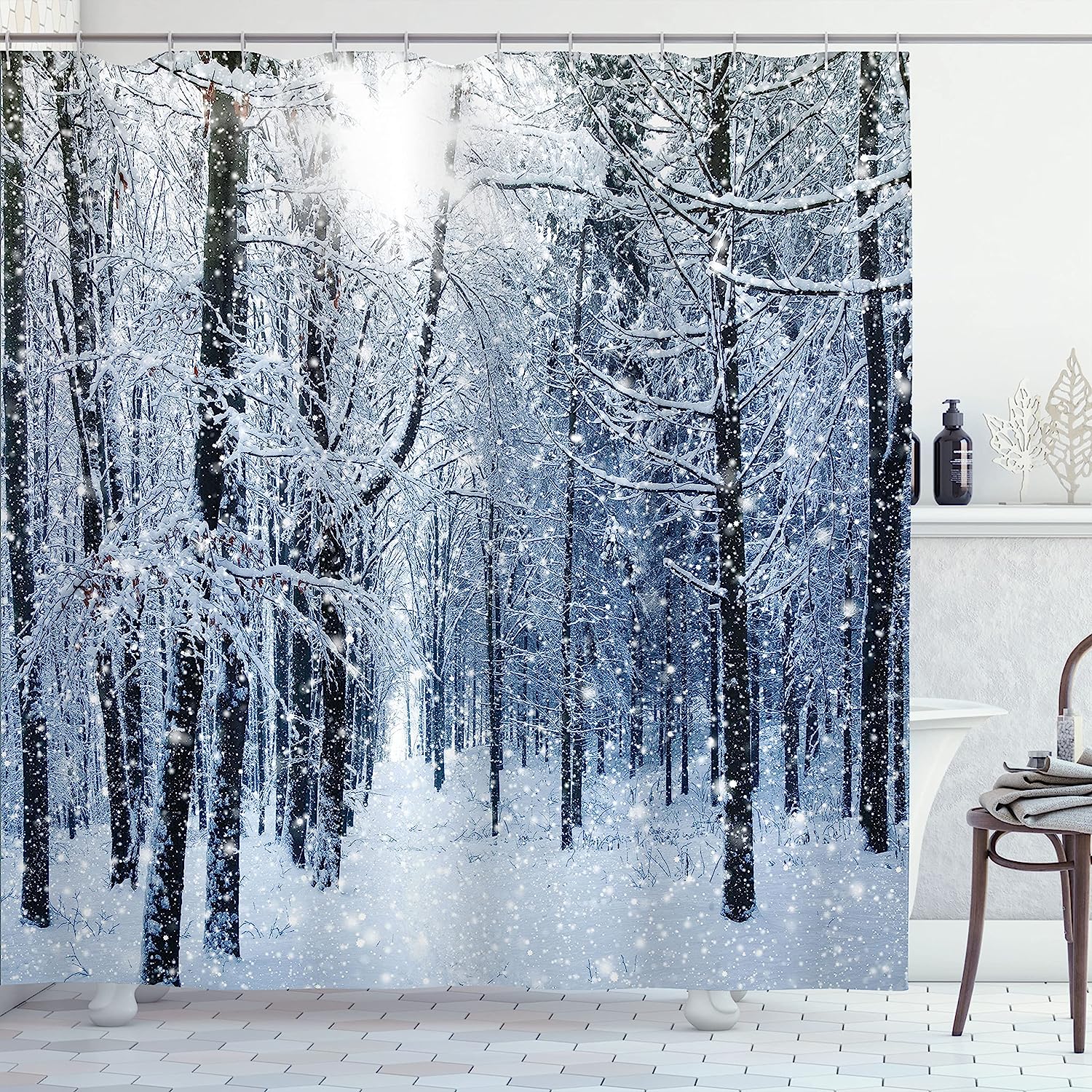Morning Scenery In Snow Covered Forest Idyllic Winter Shower Curtain, Black White Slate Blue Decor
