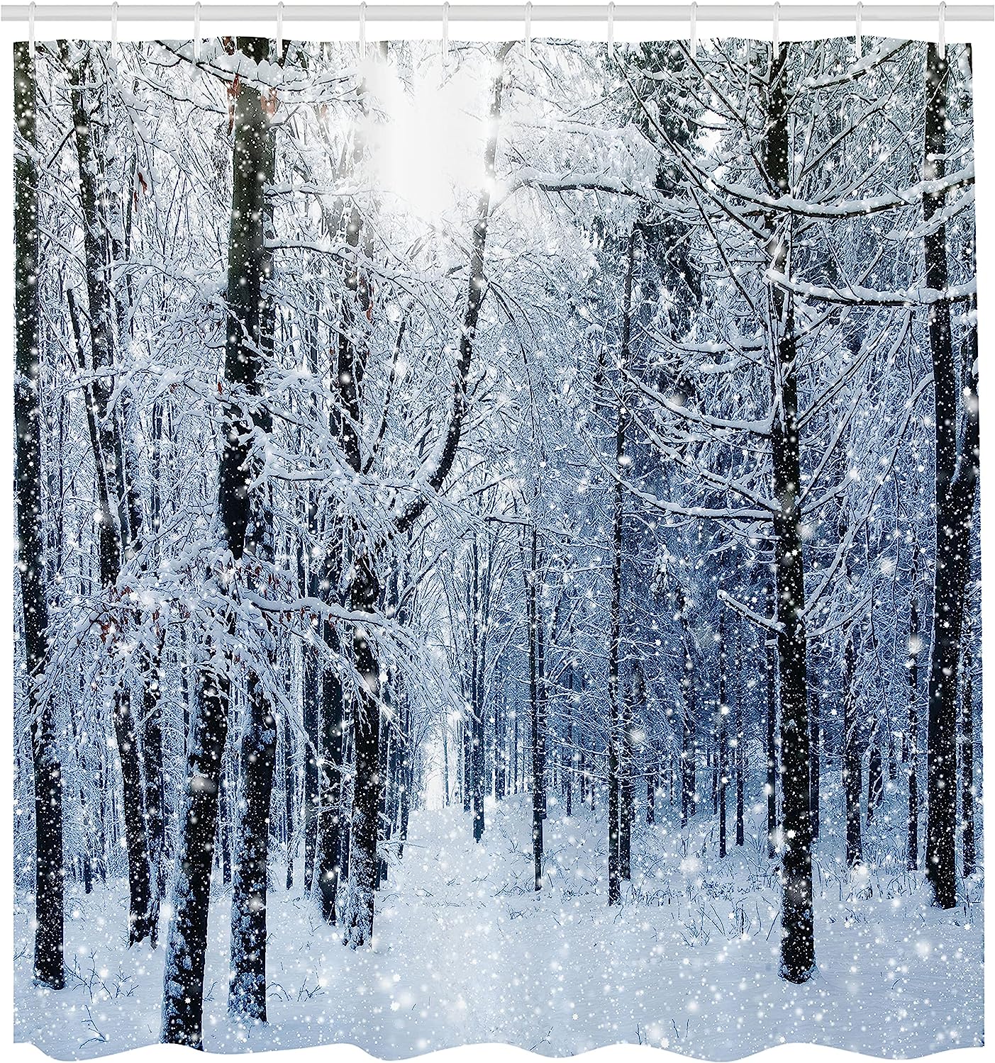 Morning Scenery In Snow Covered Forest Idyllic Winter Shower Curtain, Black White Slate Blue Decor - Image 2