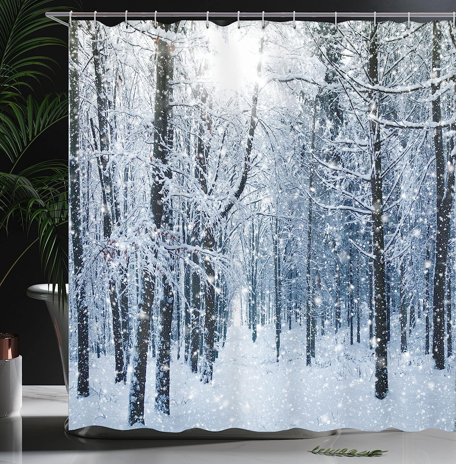 Morning Scenery In Snow Covered Forest Idyllic Winter Shower Curtain, Black White Slate Blue Decor - Image 3