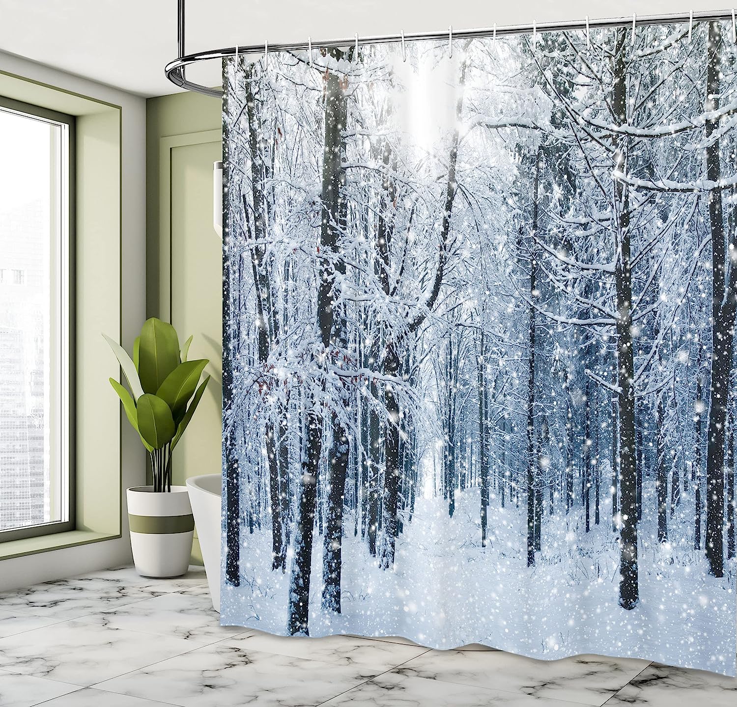 Morning Scenery In Snow Covered Forest Idyllic Winter Shower Curtain, Black White Slate Blue Decor - Image 4