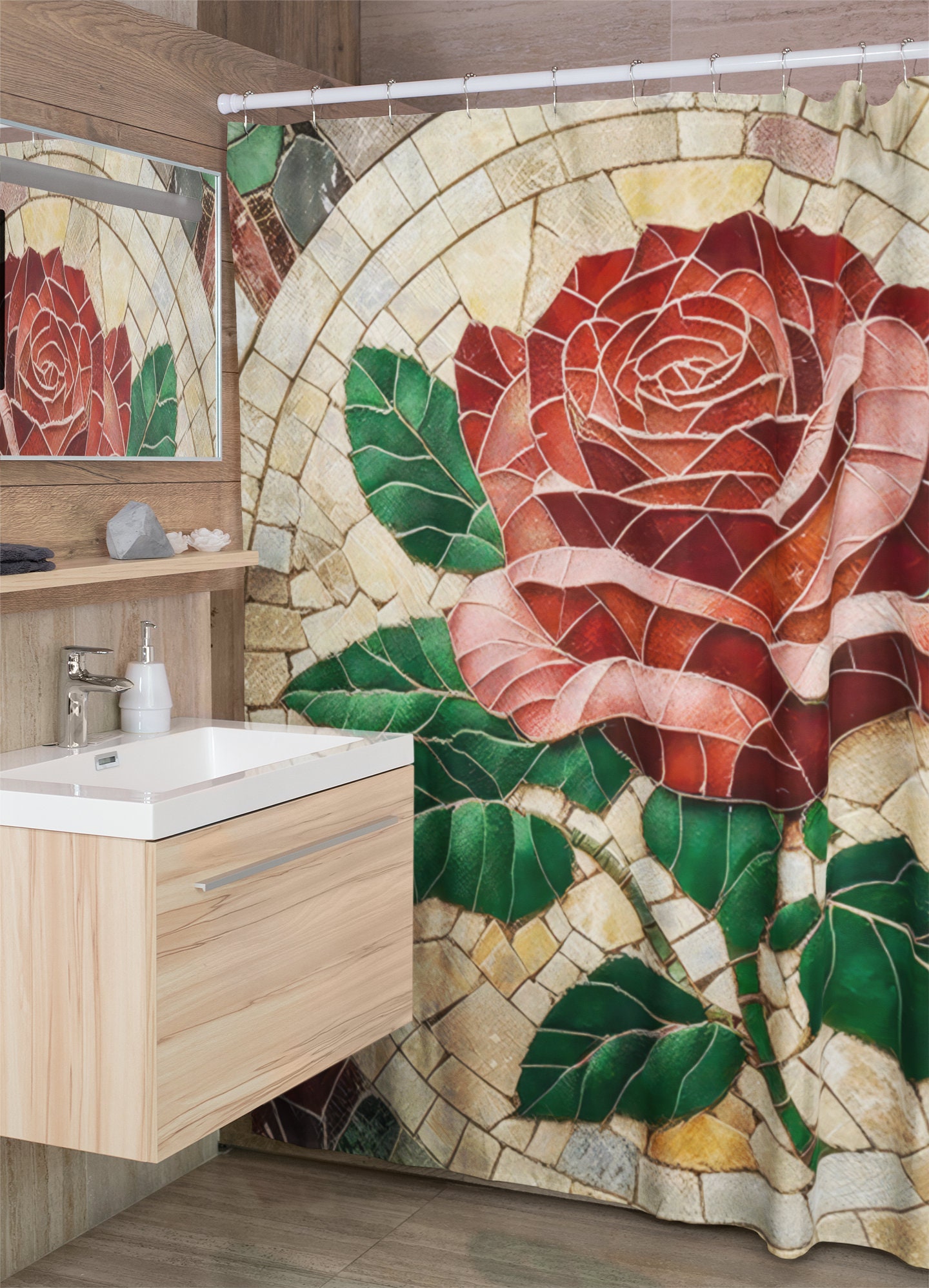 Mosaic Print of Delicate Rose York State Flower Shower Curtain for a Floral Bathroom Decor