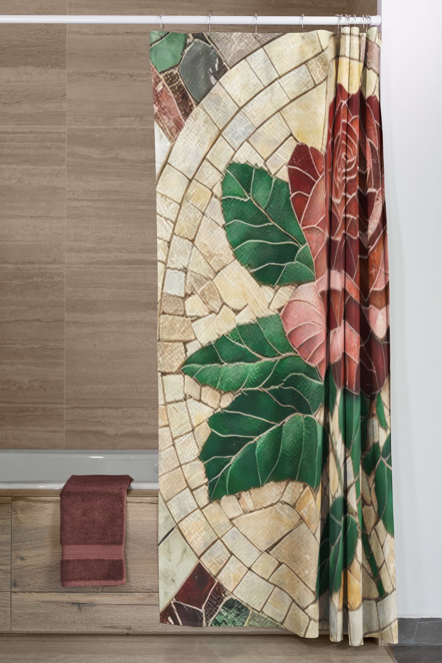 Mosaic Print of Delicate Rose York State Flower Shower Curtain for a Floral Bathroom Decor