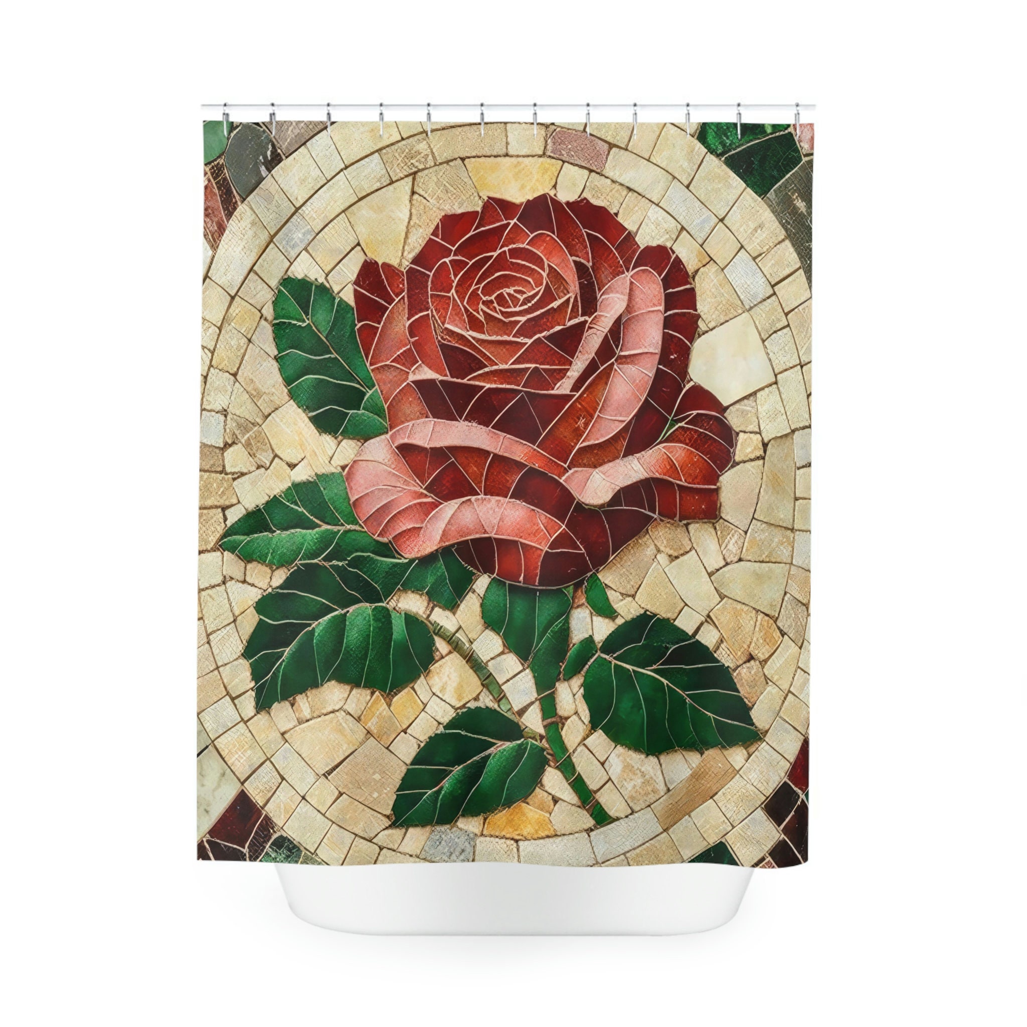 Mosaic Print of Delicate Rose York State Flower Shower Curtain for a Floral Bathroom Decor