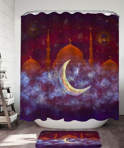 Mosque and Crescent Moon Purplish Art Painting Shower Curtain Set for Elegant Bathroom Decor
