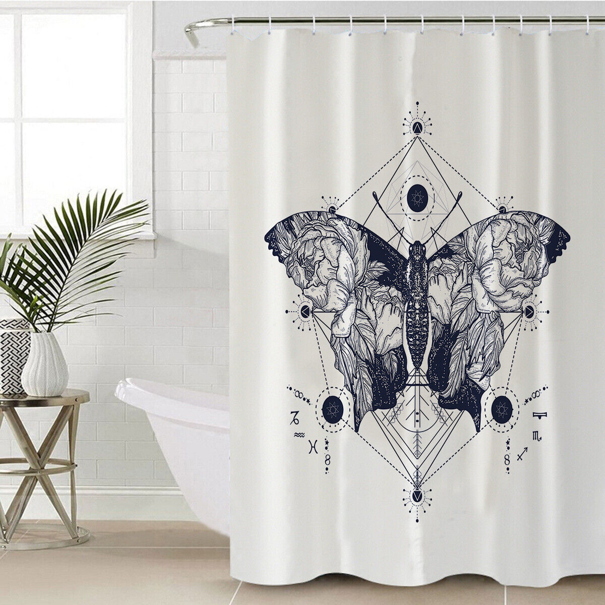 Moth Butterfly Sketch Geometry Print Shower Curtain for Bathroom Decor