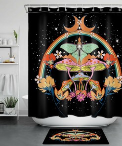 Moth Flower Psychedelic Mushroom Shower Curtain Boho Moon Rainbow Bathroom Decor