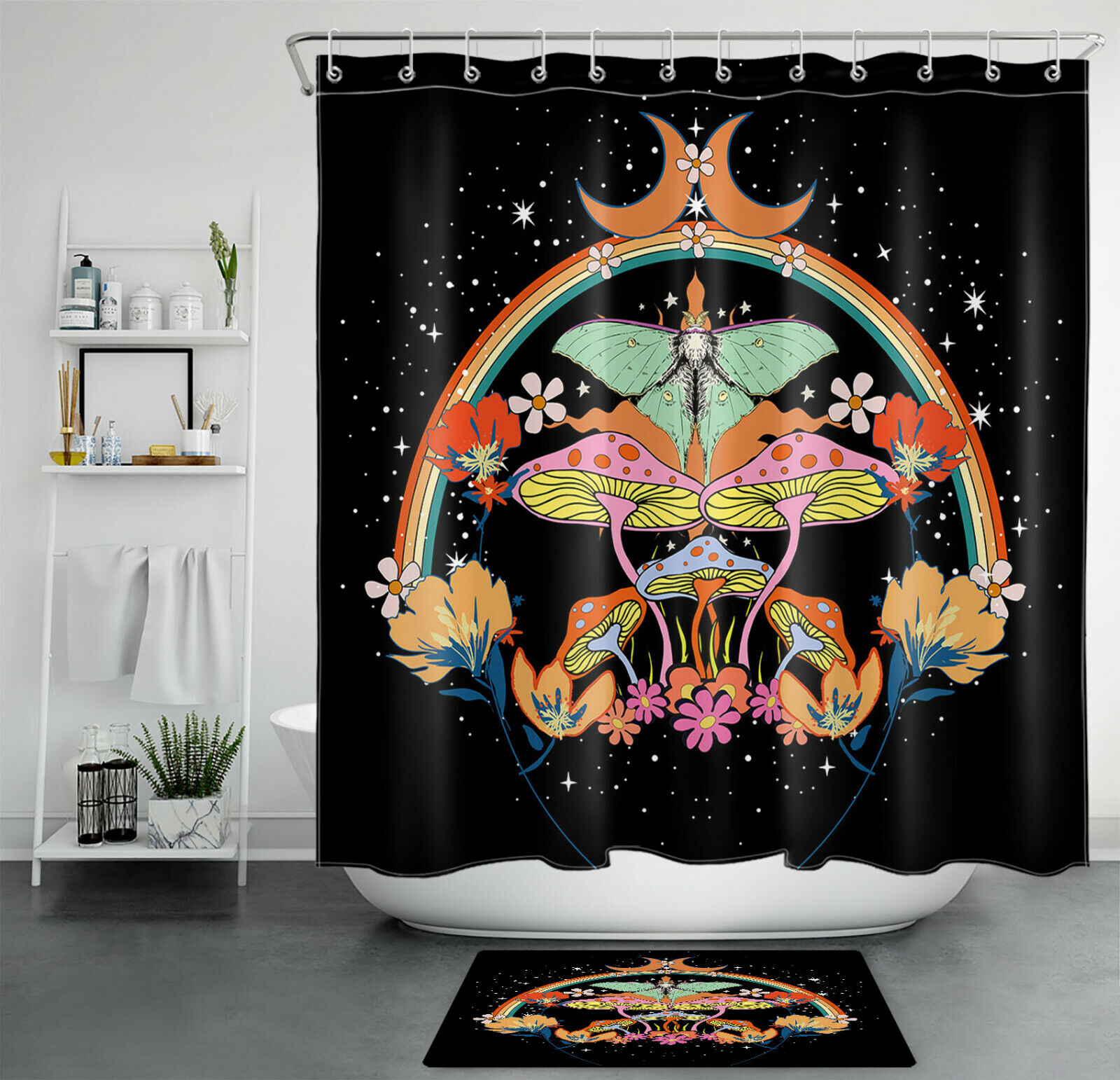 Moth Flower Psychedelic Mushroom Shower Curtain Boho Moon Rainbow Bathroom Decor