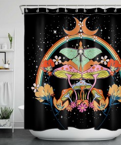 Moth Flower Psychedelic Mushroom Shower Curtain Boho Moon Rainbow Bathroom Decor