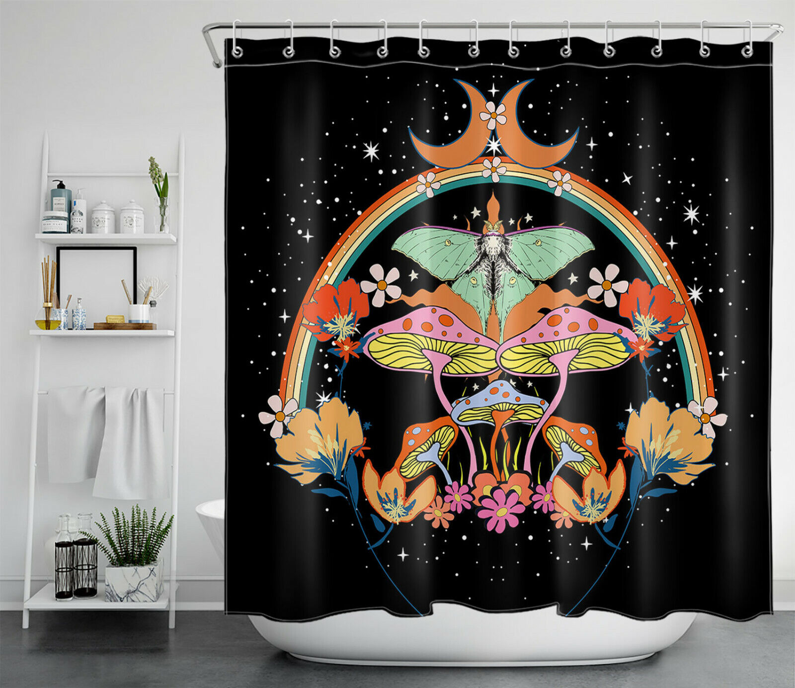 Moth Flower Psychedelic Mushroom Shower Curtain Boho Moon Rainbow Bathroom Decor