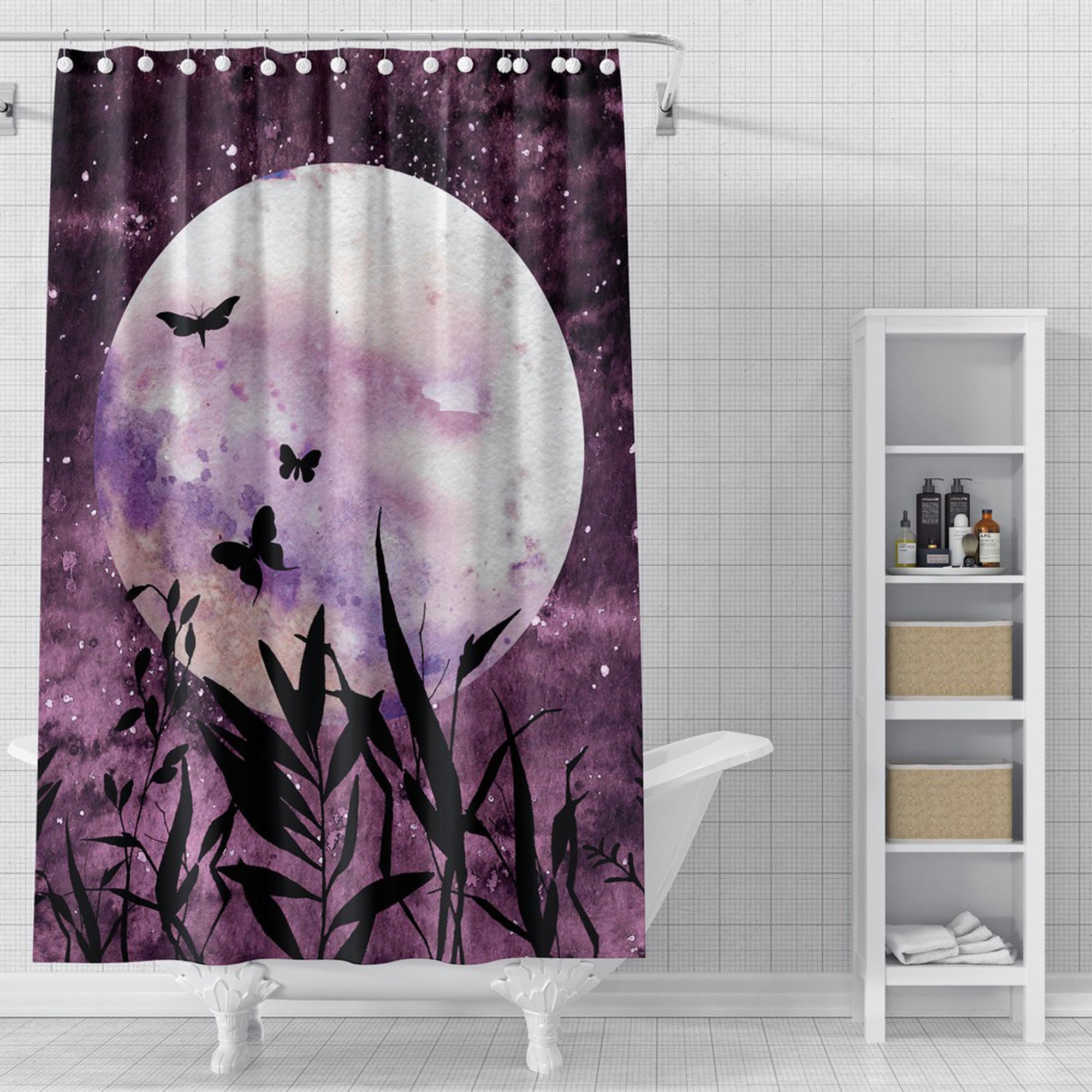 Moth Galaxy And Full Moon Shower Curtain For A Celestial Bathroom Decor