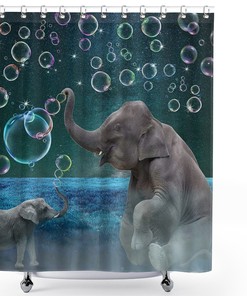 Mother And Kids Play Bubble On Grass Under The Night Sky Elephant Shower Curtain 