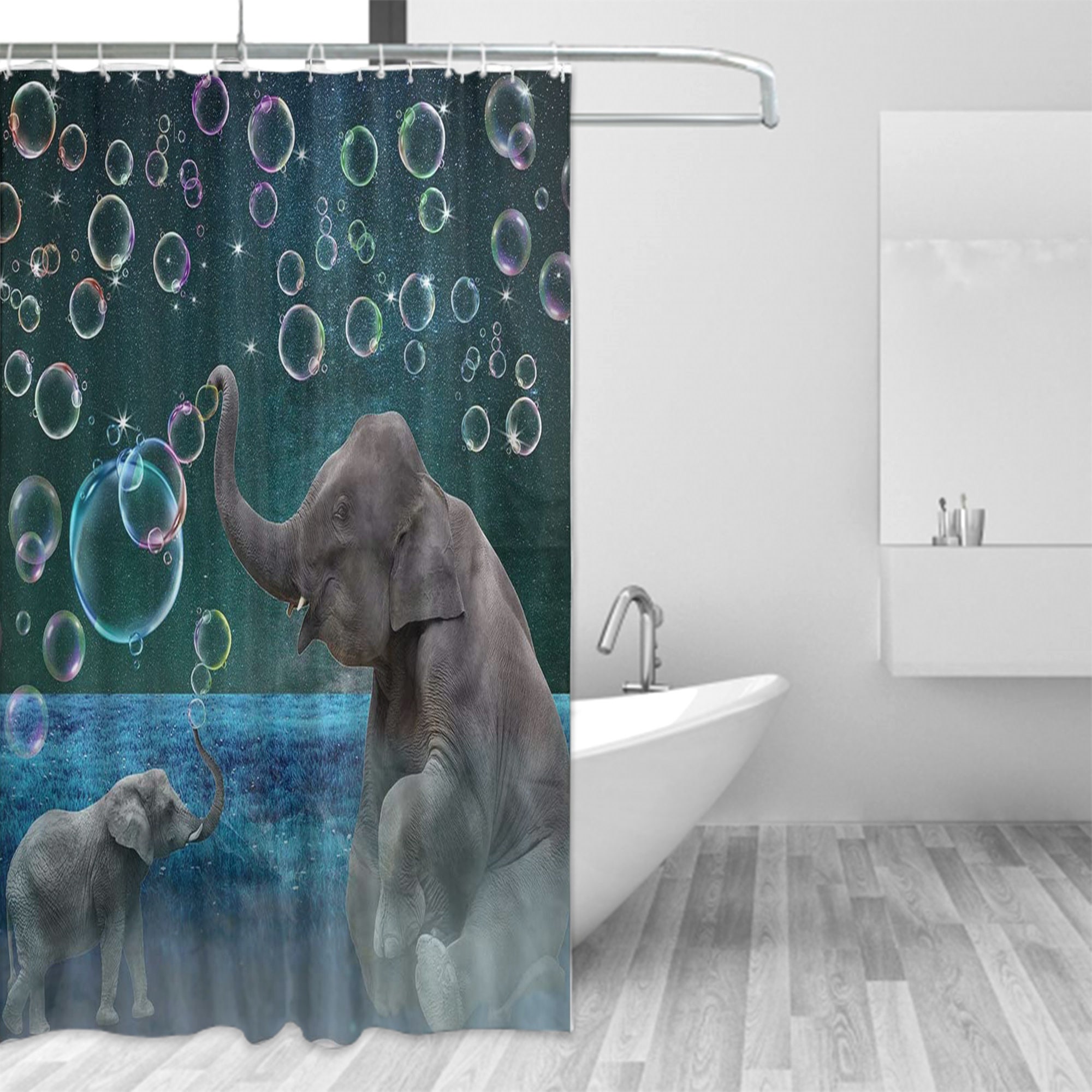 Mother And Kids Play Bubble On Grass Under The Night Sky Elephant Shower Curtain