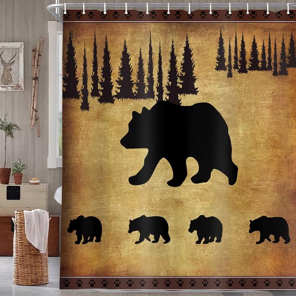 Mother Bear and Cubs Shower Curtain, Rustic Wildlife Cabin Bathroom Decor