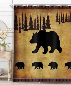 Mother Bear and Cubs Shower Curtain, Rustic Wildlife Cabin Bathroom Decor