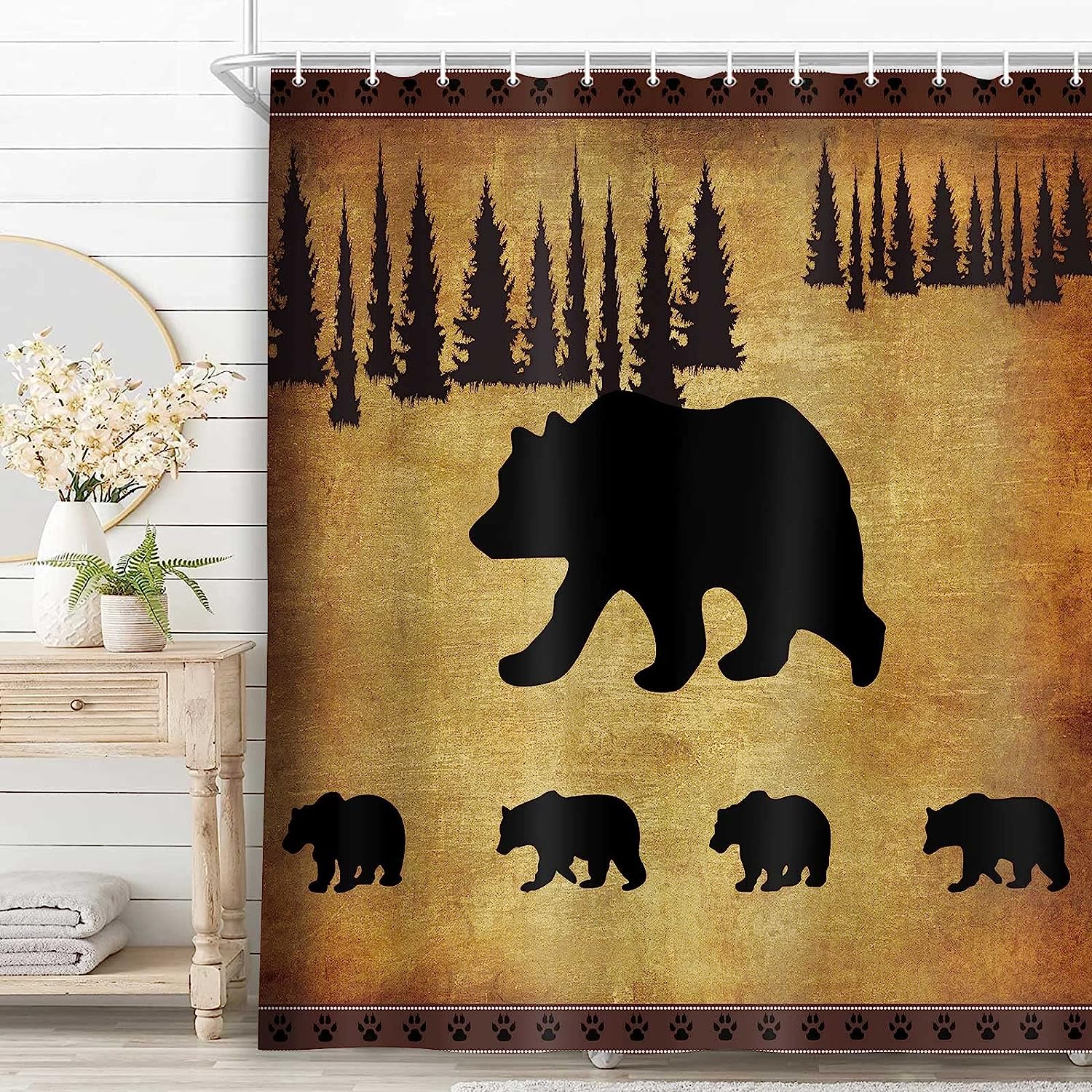 Mother Bear and Cubs Shower Curtain, Rustic Wildlife Cabin Bathroom Decor