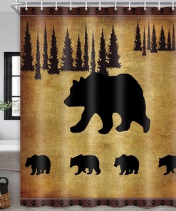 Mother Bear and Cubs Shower Curtain, Rustic Wildlife Cabin Bathroom Decor