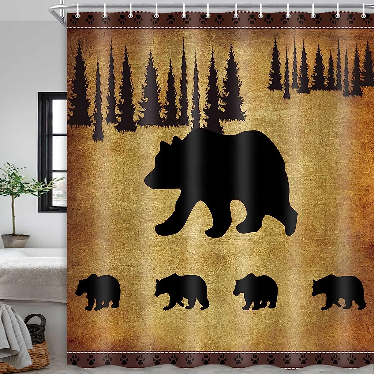 Mother Bear and Cubs Shower Curtain, Rustic Wildlife Cabin Bathroom Decor