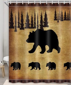 Mother Bear and Cubs Shower Curtain, Rustic Wildlife Cabin Bathroom Decor