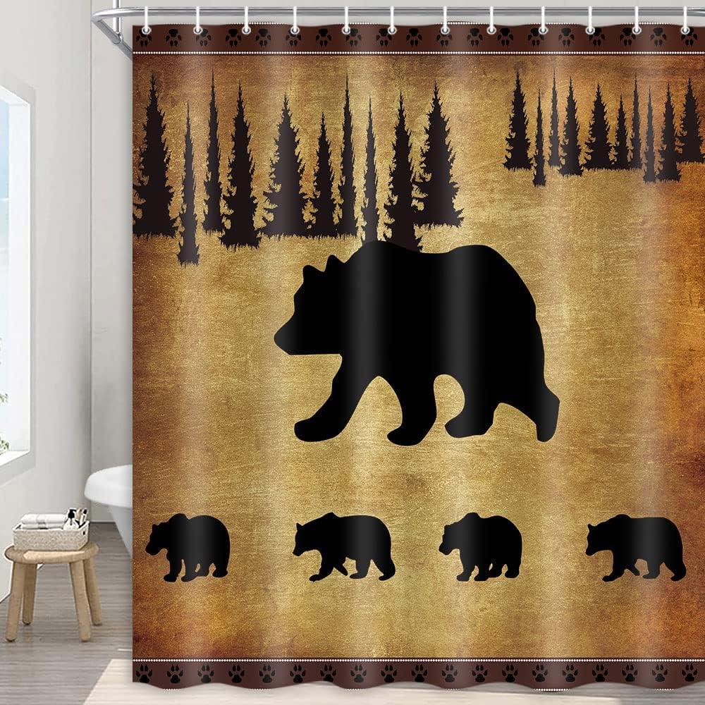 Mother Bear and Cubs Shower Curtain, Rustic Wildlife Cabin Bathroom Decor