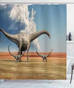 Mother Diplodocus Dinosaur Shower Curtain | Walks With Her Brood | Cloth Fabric Bathroom Decor (Khaki Blue Grey)