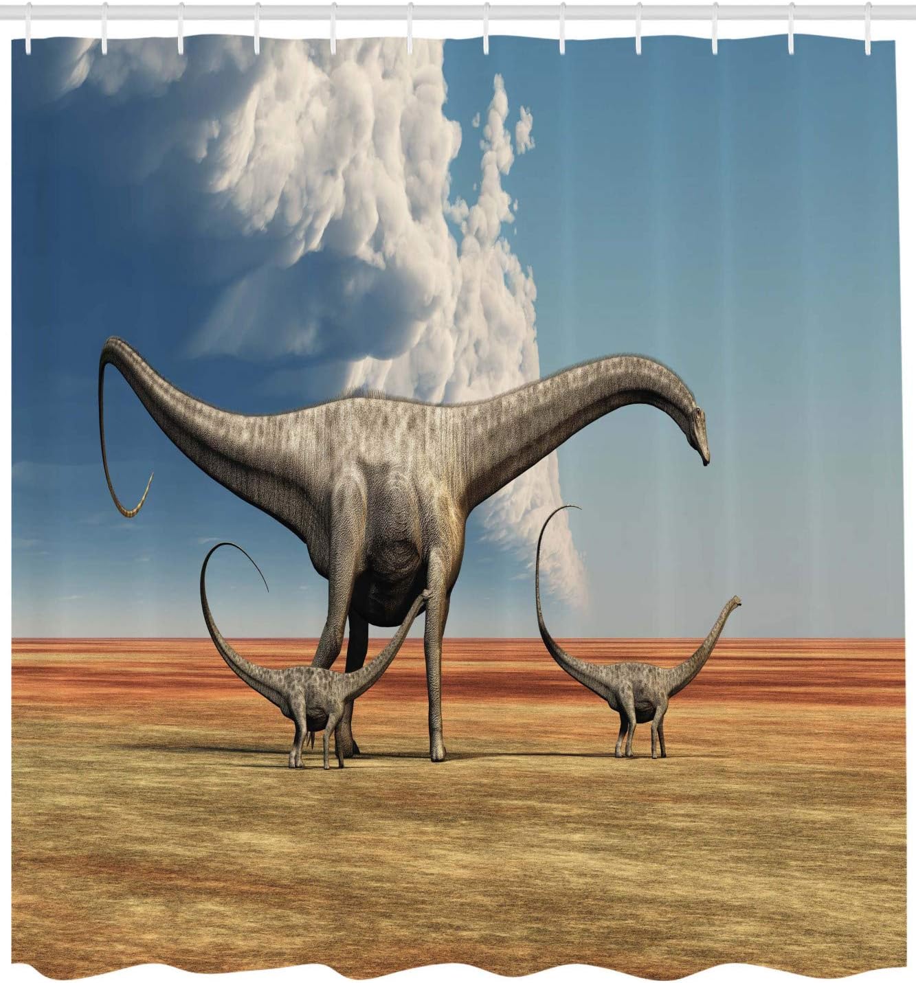 Mother Diplodocus Dinosaur Shower Curtain | Walks With Her Brood | Cloth Fabric Bathroom Decor (Khaki Blue Grey) - Image 2