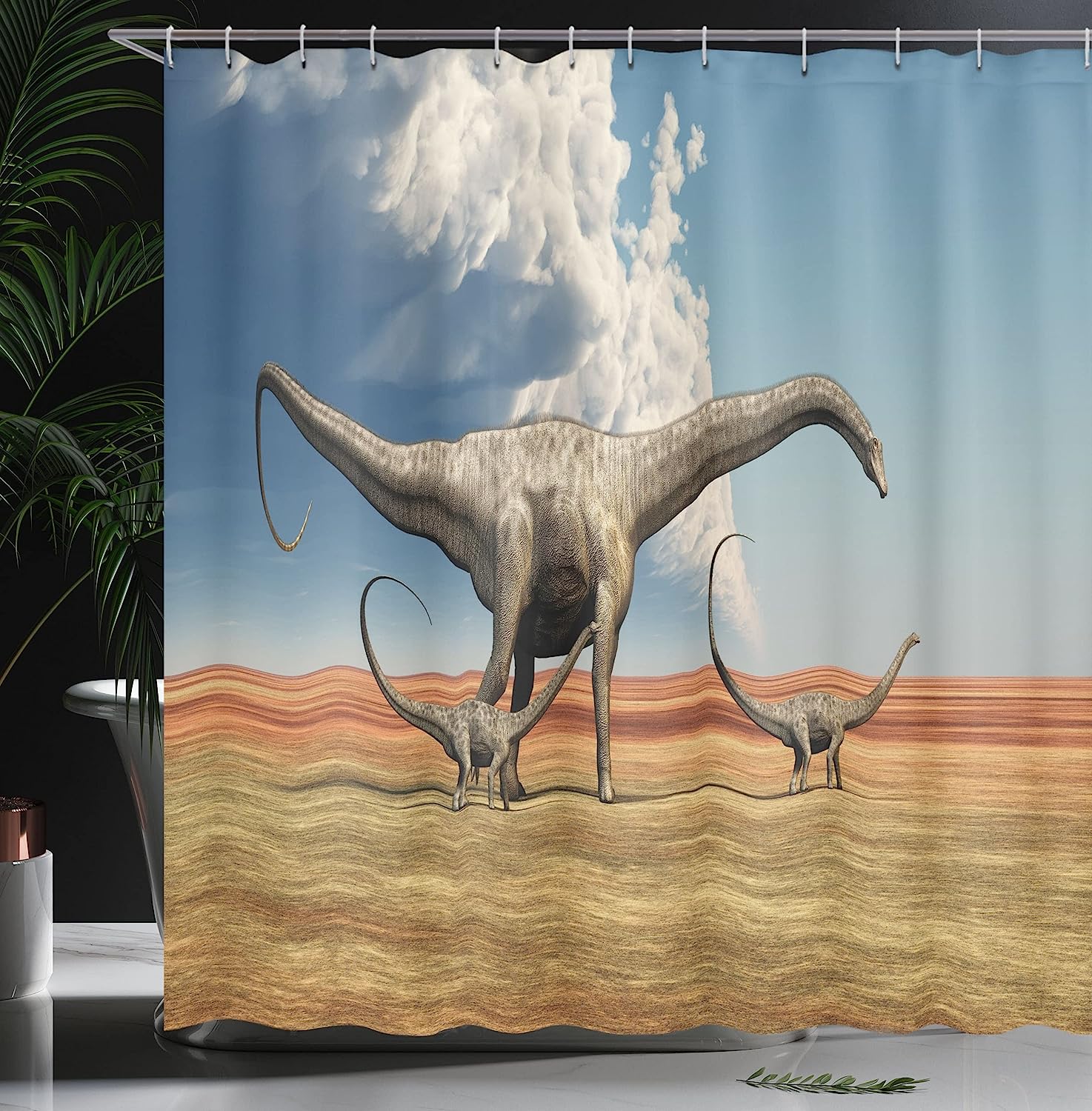 Mother Diplodocus Dinosaur Shower Curtain | Walks With Her Brood | Cloth Fabric Bathroom Decor (Khaki Blue Grey) - Image 3