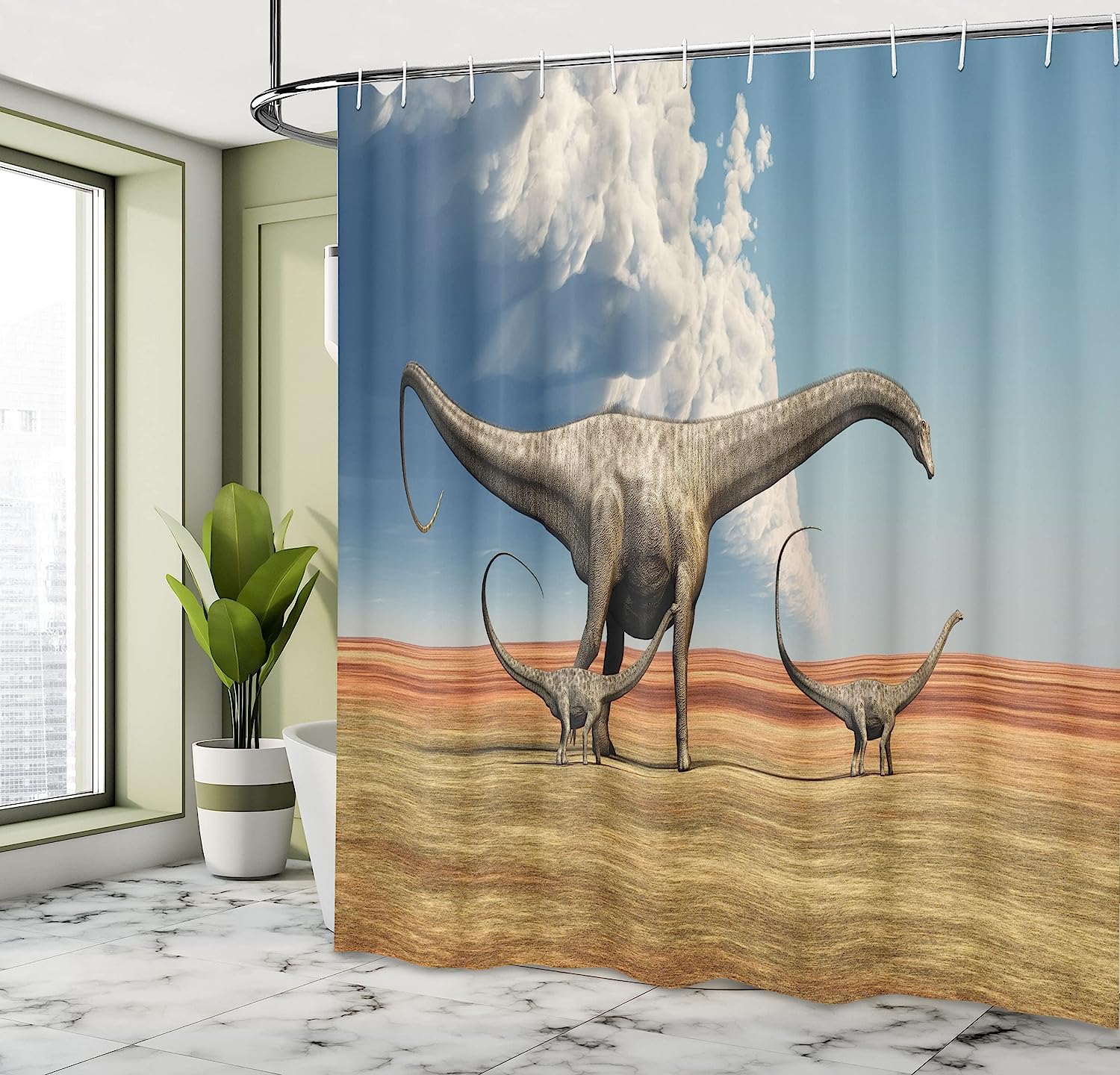 Mother Diplodocus Dinosaur Shower Curtain | Walks With Her Brood | Cloth Fabric Bathroom Decor (Khaki Blue Grey) - Image 4