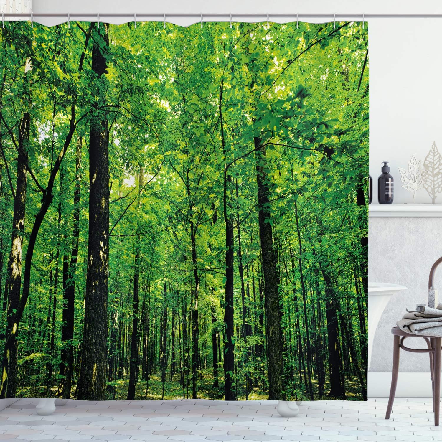 Mother Earth Environment Picture Shower Curtain With Woodland Tree Forest Jungle In Sunny Day