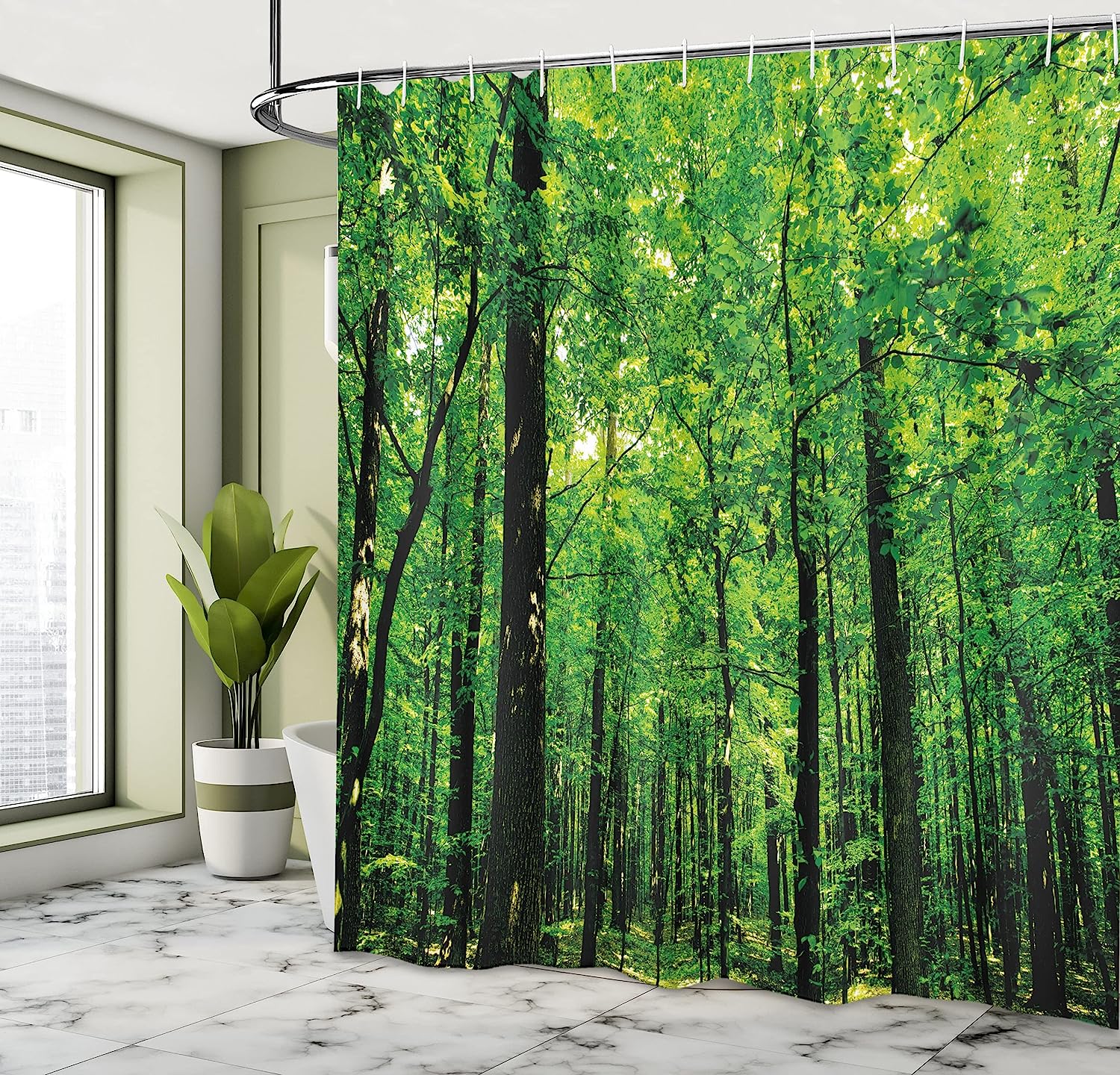 Mother Earth Environment Picture Shower Curtain With Woodland Tree Forest Jungle In Sunny Day - Image 4