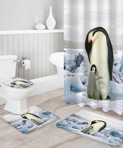 Mother Penguin and Baby Penguin on Ice Bathroom Decor Waterproof Shower Curtain with U-Shape Contour