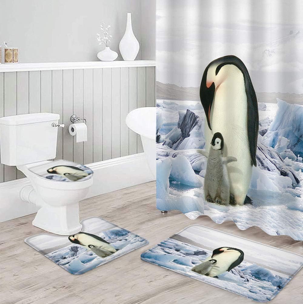 Mother Penguin and Baby Penguin on Ice Bathroom Decor Waterproof Shower Curtain with U-Shape Contour