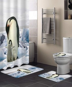 Mother Penguin and Baby Penguin on Ice Bathroom Decor Waterproof Shower Curtain with U-Shape Contour