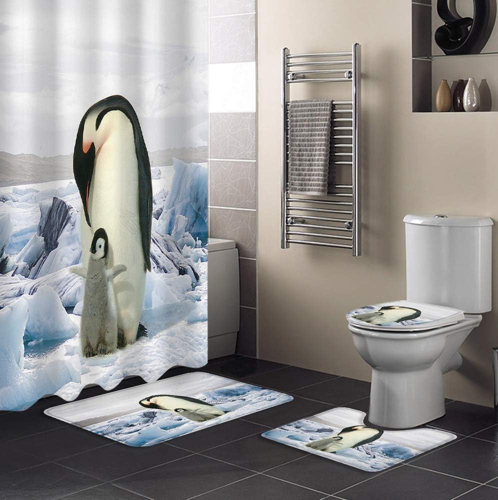 Mother Penguin and Baby Penguin on Ice Bathroom Decor Waterproof Shower Curtain with U-Shape Contour