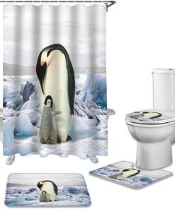 Mother Penguin and Baby Penguin on Ice Bathroom Decor Waterproof Shower Curtain with U-Shape Contour