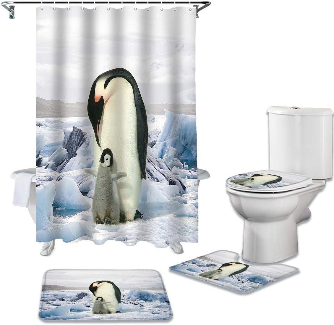 Mother Penguin and Baby Penguin on Ice Bathroom Decor Waterproof Shower Curtain with U-Shape Contour