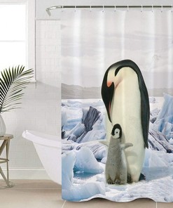 Mother and Baby Penguin on Ice Kids Bathroom Shower Curtain