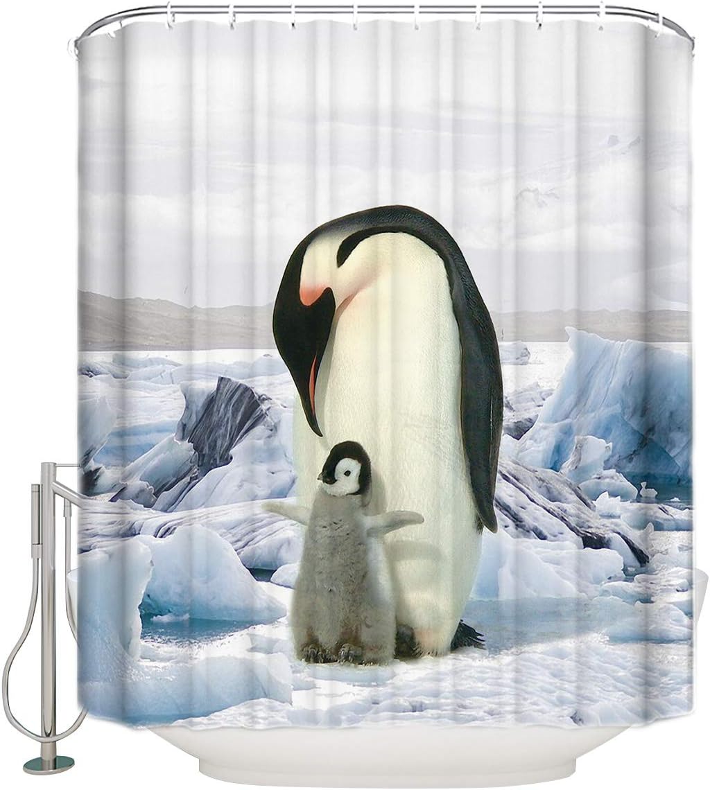Mother and Baby Penguin on Ice Kids Bathroom Shower Curtain