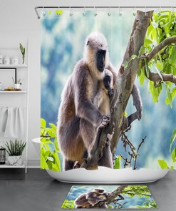 Mother and Kid Monkey Green Leaves Tree Print Full Size Shower Curtain for Kids Bathroom