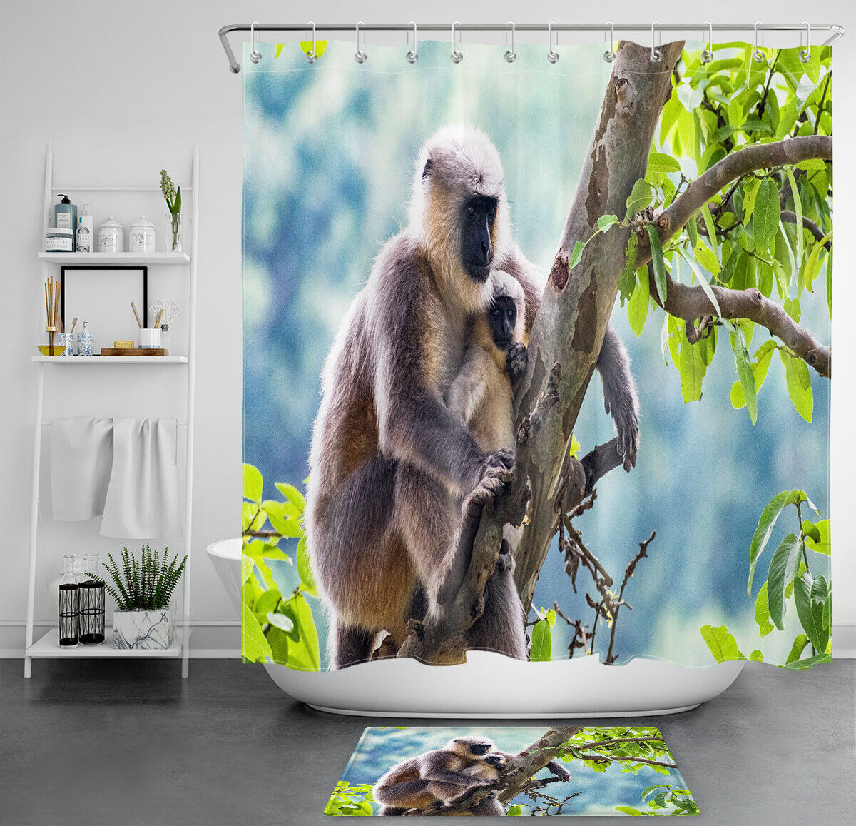 Mother and Kid Monkey Green Leaves Tree Print Full Size Shower Curtain for Kids Bathroom