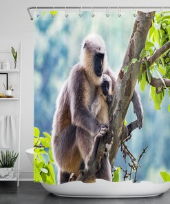 Mother and Kid Monkey Green Leaves Tree Print Full Size Shower Curtain for Kids Bathroom