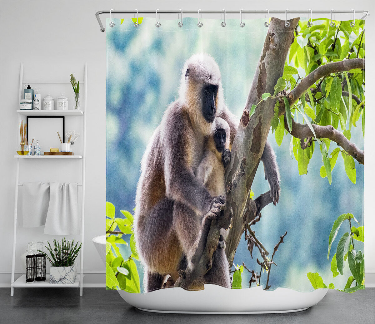 Mother and Kid Monkey Green Leaves Tree Print Full Size Shower Curtain for Kids Bathroom
