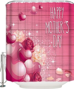 Mother's Day Bathroom Curtain Shower Curtain with Floral Love Heart Wooden Print for Unique Bathroom Decor