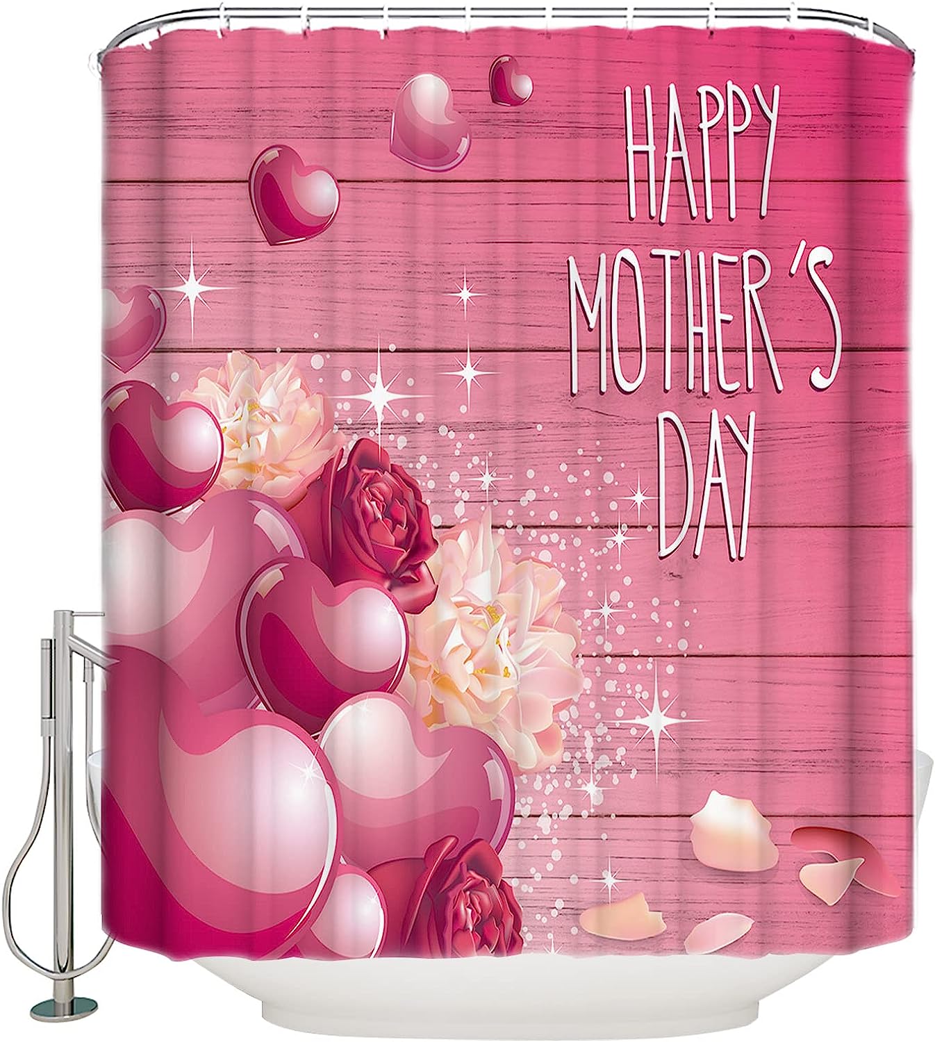 Mother's Day Bathroom Curtain Shower Curtain with Floral Love Heart Wooden Print for Unique Bathroom Decor