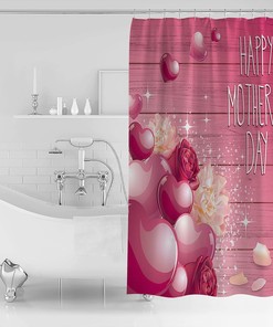 Mother's Day Bathroom Curtain Shower Curtain with Floral Love Heart Wooden Print for Unique Bathroom Decor