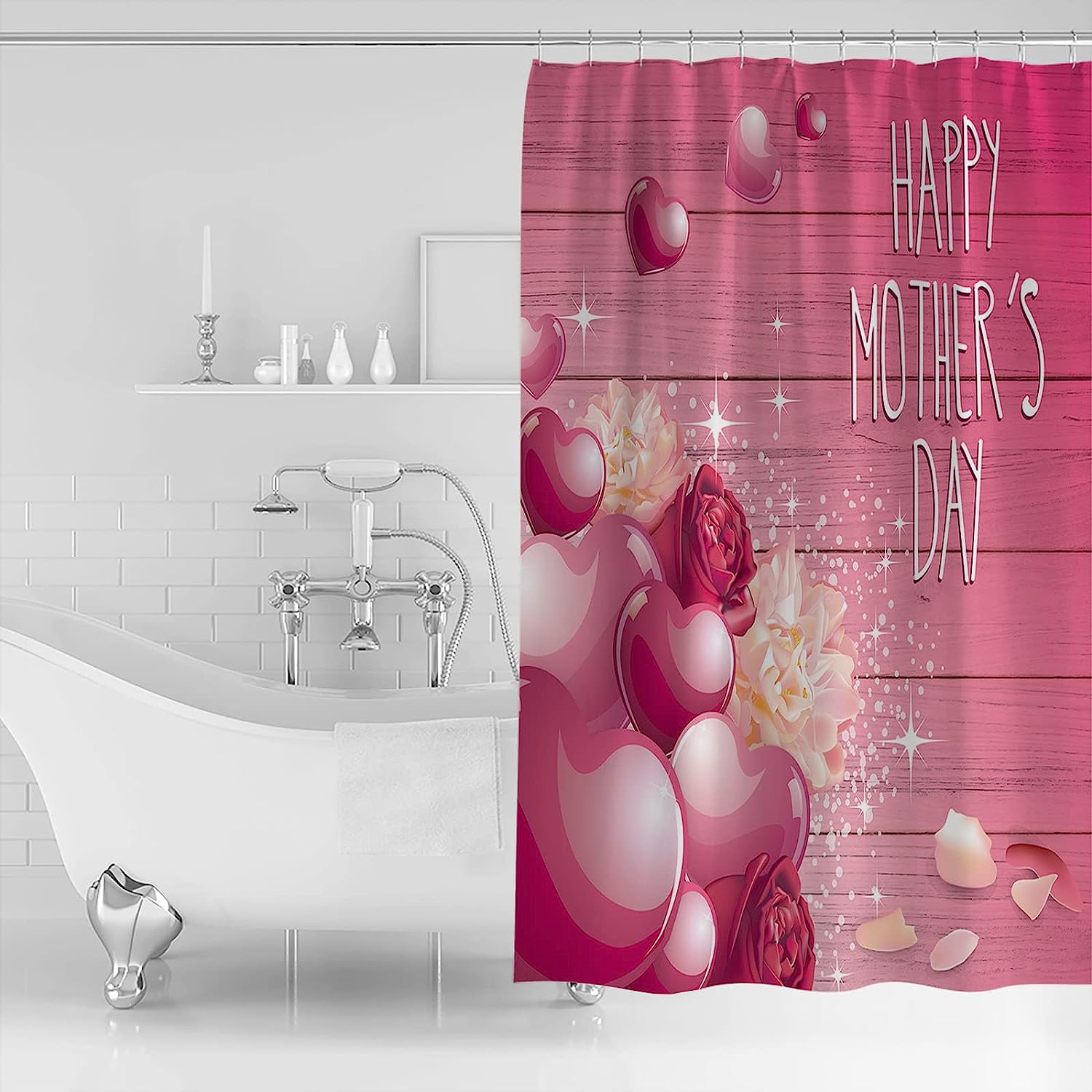 Mother's Day Bathroom Curtain Shower Curtain with Floral Love Heart Wooden Print for Unique Bathroom Decor