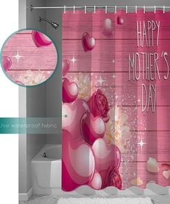 Mother's Day Bathroom Curtain Shower Curtain with Floral Love Heart Wooden Print for Unique Bathroom Decor