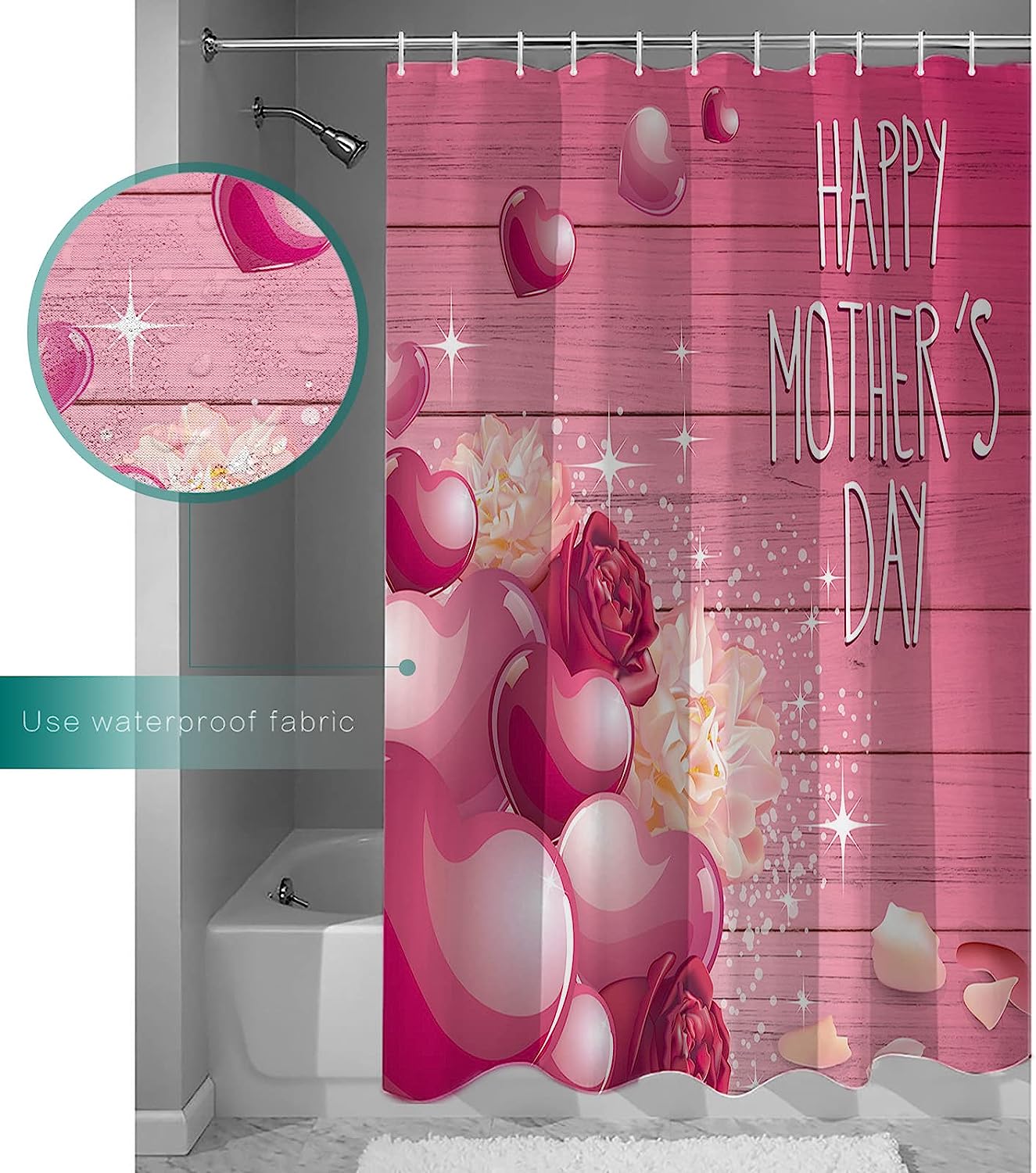 Mother's Day Bathroom Curtain Shower Curtain with Floral Love Heart Wooden Print for Unique Bathroom Decor
