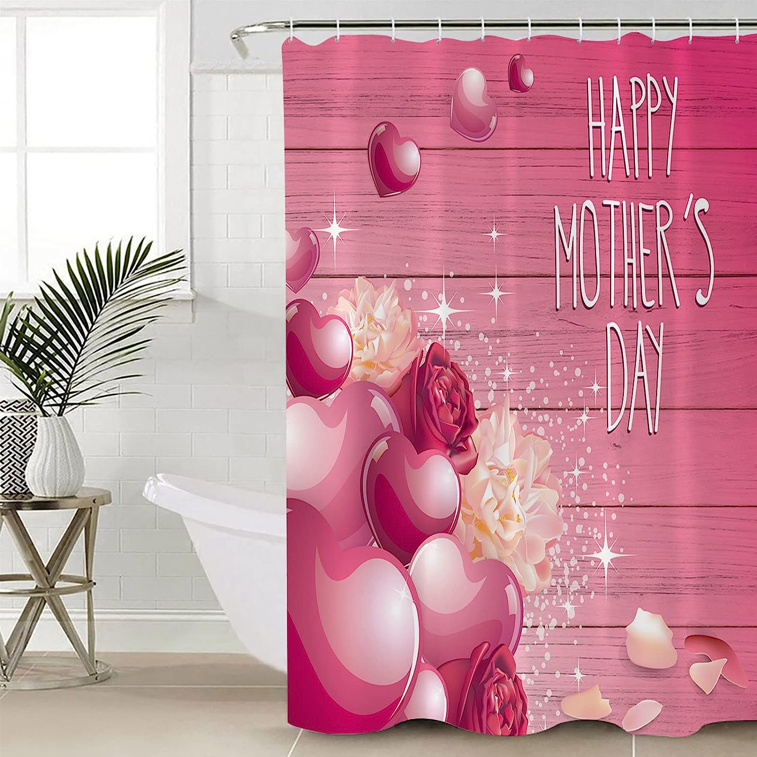 Mother's Day Bathroom Curtain Shower Curtain with Floral Love Heart Wooden Print for Unique Bathroom Decor