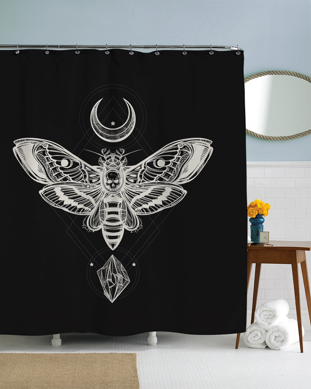 Mother's Day Themed Shower Curtain with Psychedelic Moth Art Print for Cool Bathroom Decor