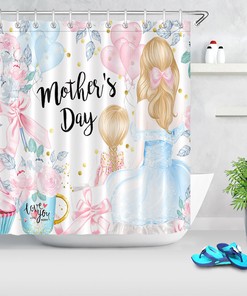 Mother's Day Watercolor Flowers Heart Balloons Print Shower Curtain for Bathroom Decor